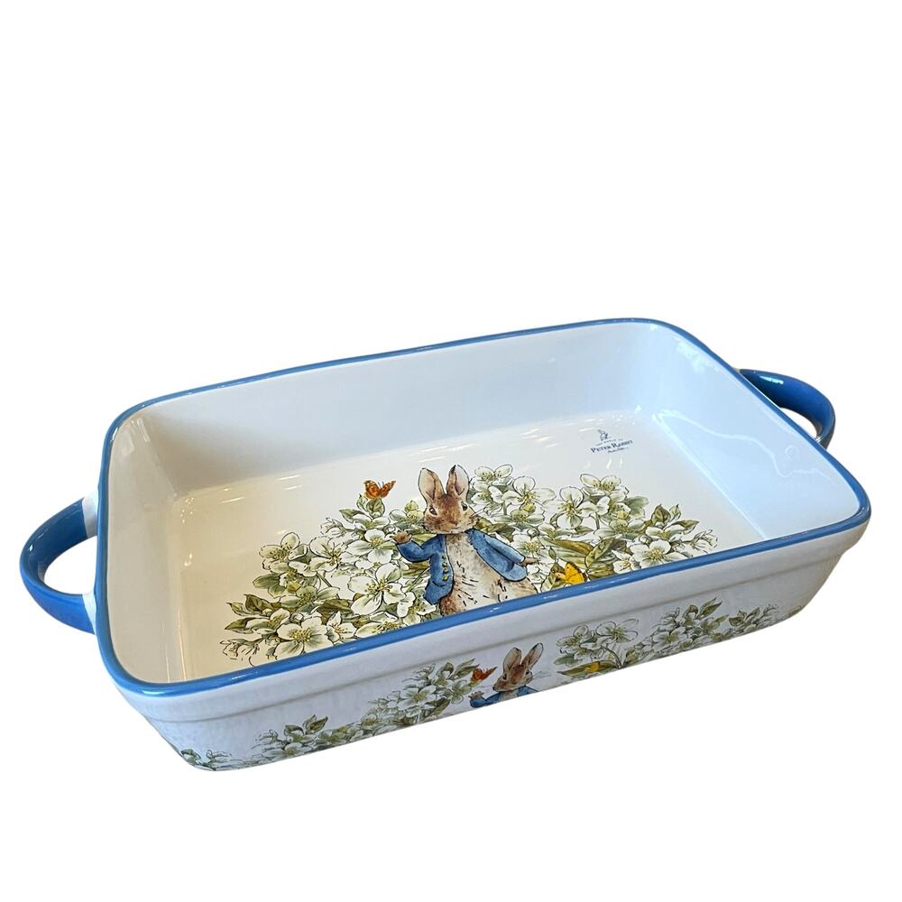 Beatrix Potter Peter Rabbit Rectangular Ceramic Baker Blue Rim Easter  NEW - Picture 2 of 15